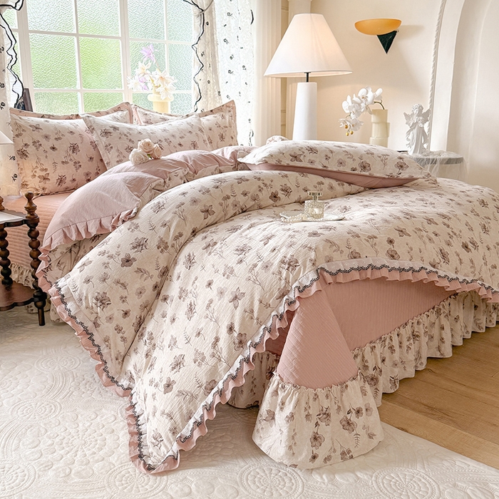 韩约家纺 2025新款1双层刺绣花边法式床盖款棉麻四件套（全网控价：不低于1.5m139，1.8m144，2.0m149，2.0加大154） 云絮