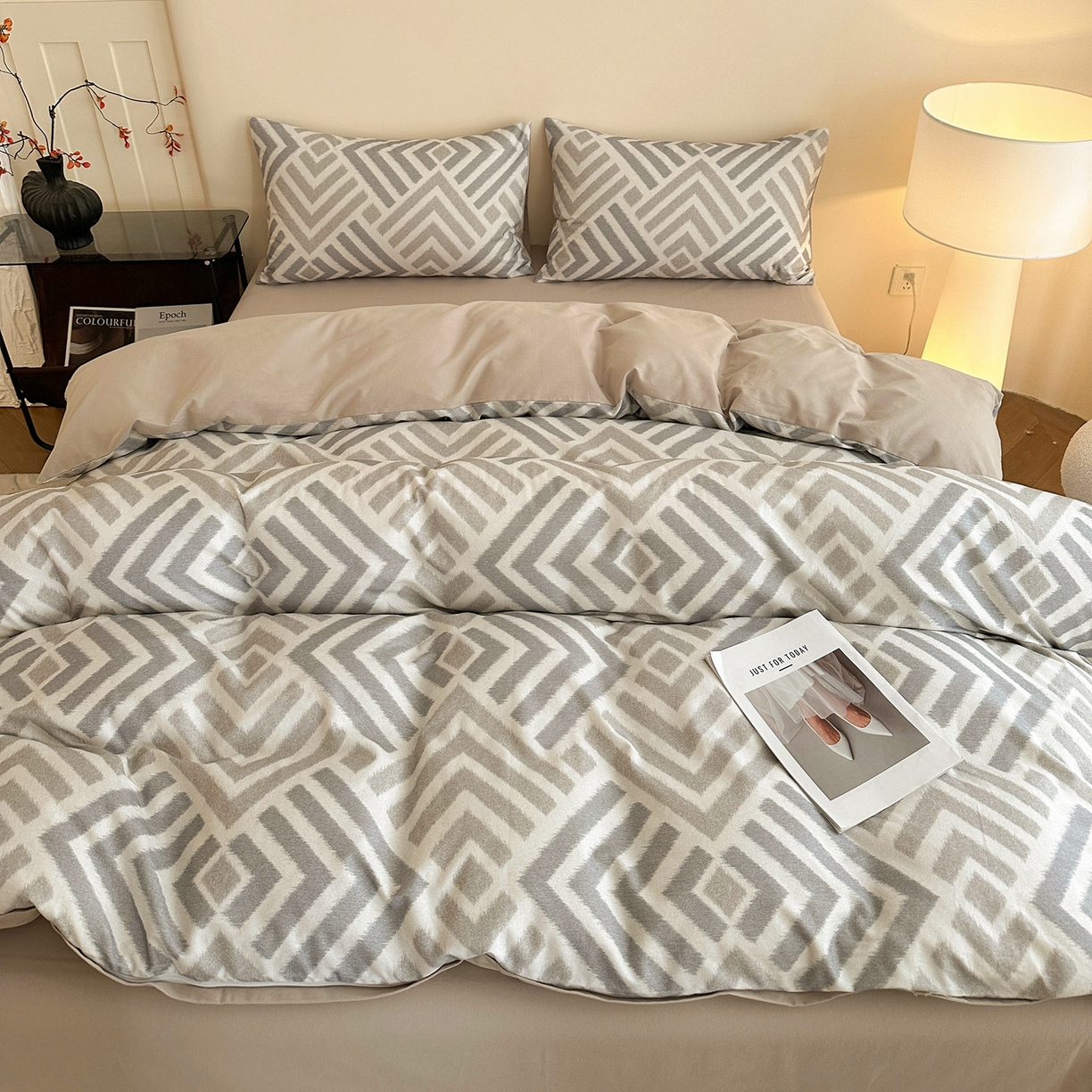 91家纺网 家纺一手货源 找家纺 捌月 2025新款A类数码印花北欧风全棉加厚磨毛四件套直播新品 半舟