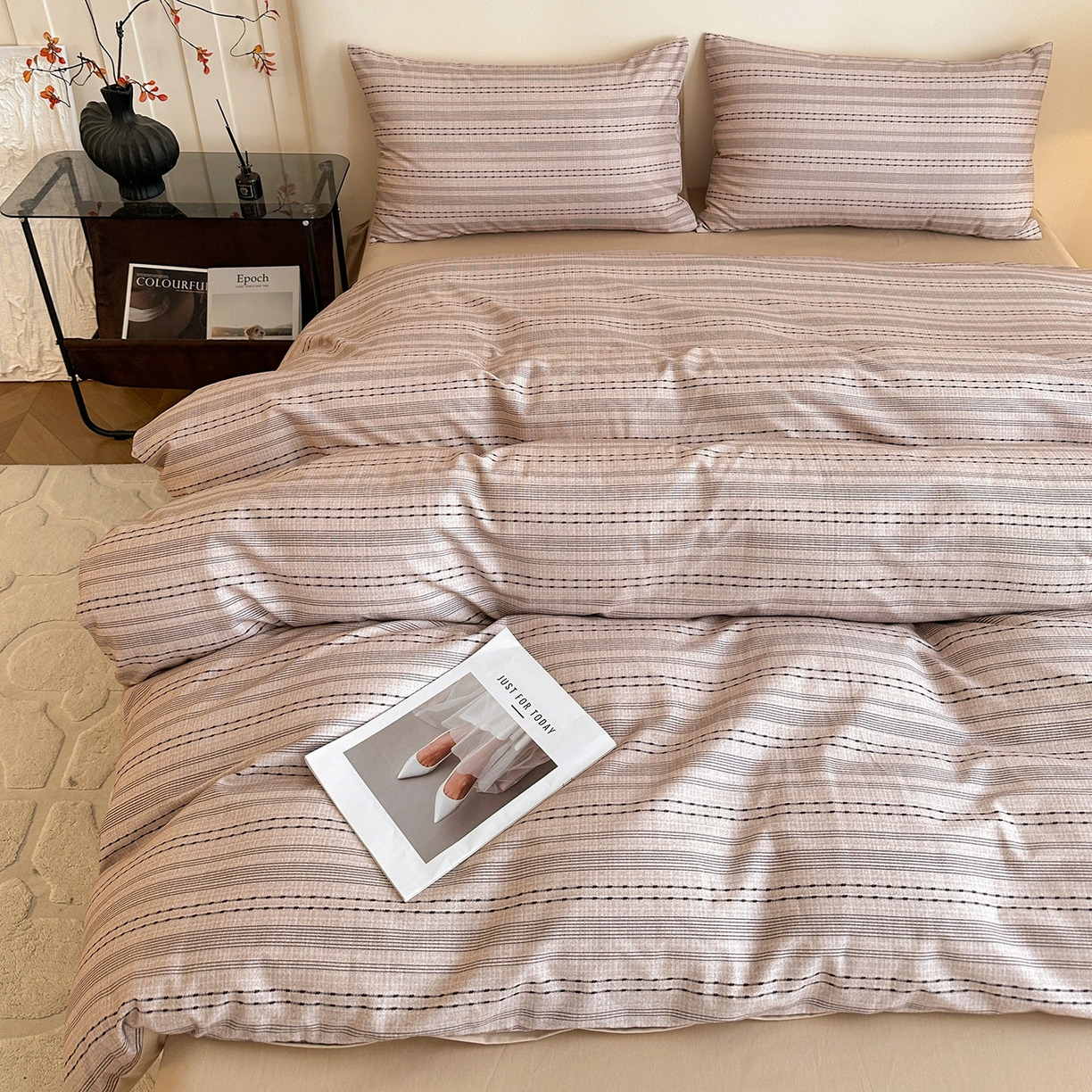 91家纺网 家纺一手货源 找家纺 捌月 2025新款A类数码印花北欧风全棉加厚磨毛四件套直播新品 初暖