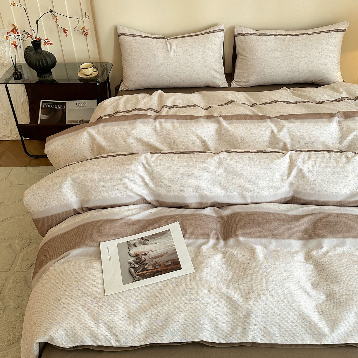 91家纺网 家纺一手货源 找家纺 捌月 2025新款A类数码印花北欧风全棉加厚磨毛四件套直播新品 卡米诺