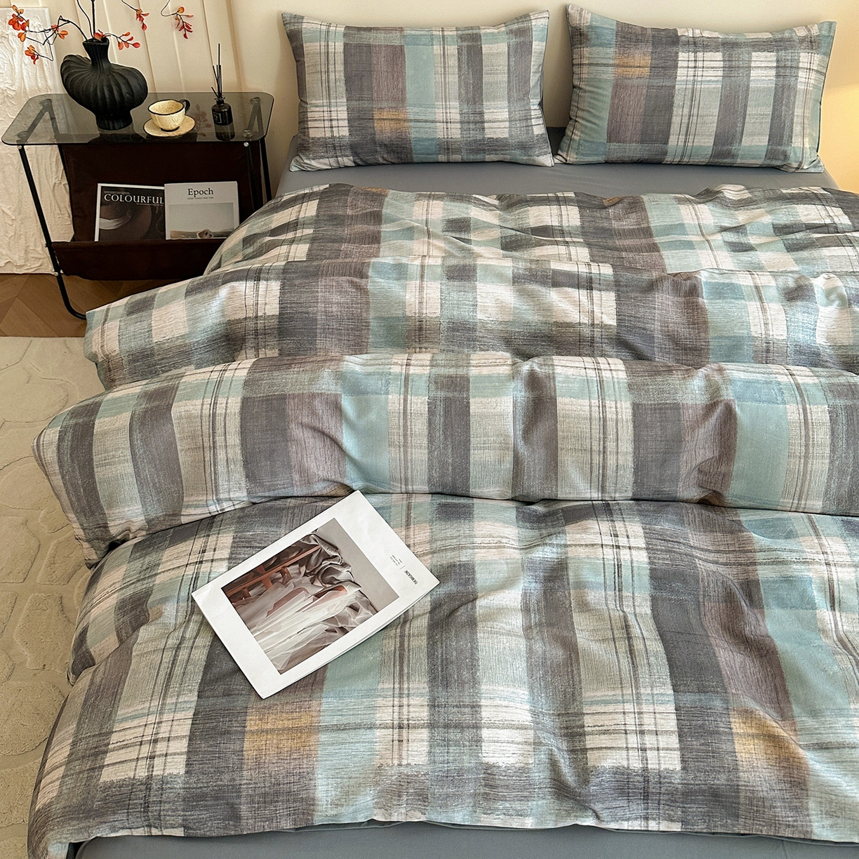 91家纺网 家纺一手货源 找家纺 捌月 2025新款A类数码印花北欧风全棉加厚磨毛四件套直播新品 蓝蒂斯