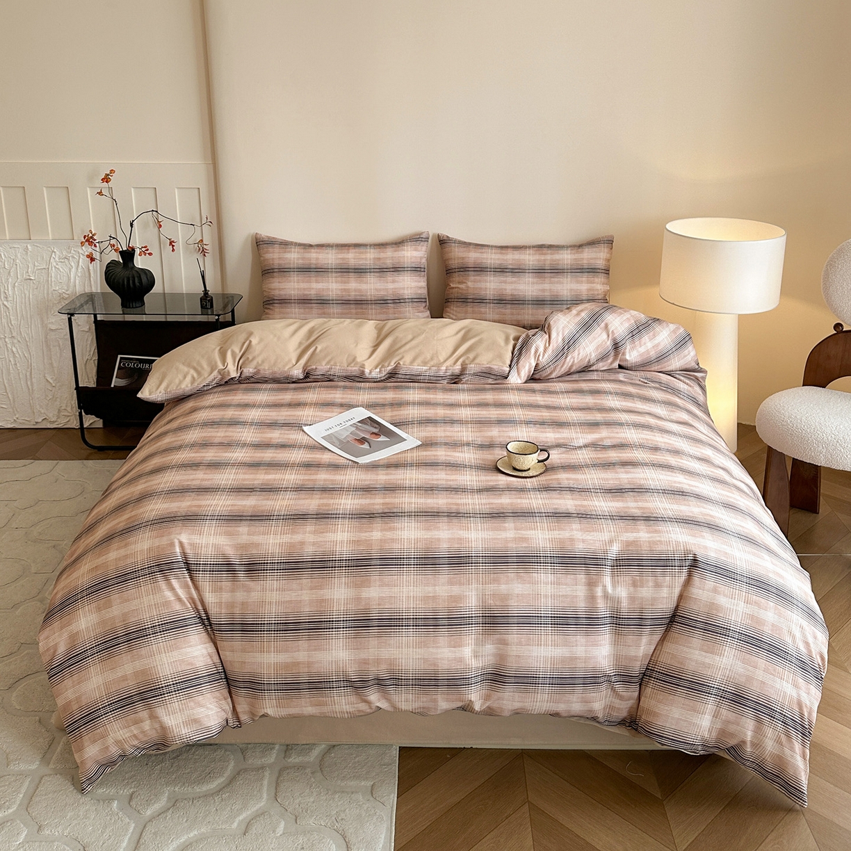 91家纺网 家纺一手货源 找家纺 捌月 2025新款A类数码印花北欧风全棉加厚磨毛四件套直播新品 摩卡