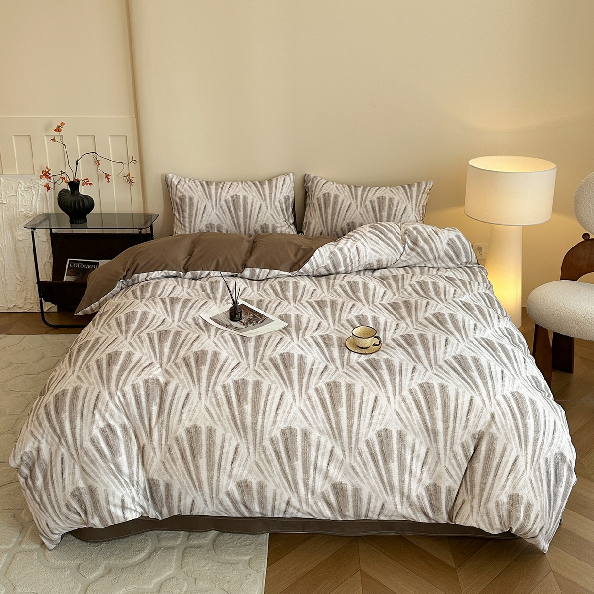 91家纺网 家纺一手货源 找家纺 捌月 2025新款A类数码印花北欧风全棉加厚磨毛四件套直播新品 莫奈