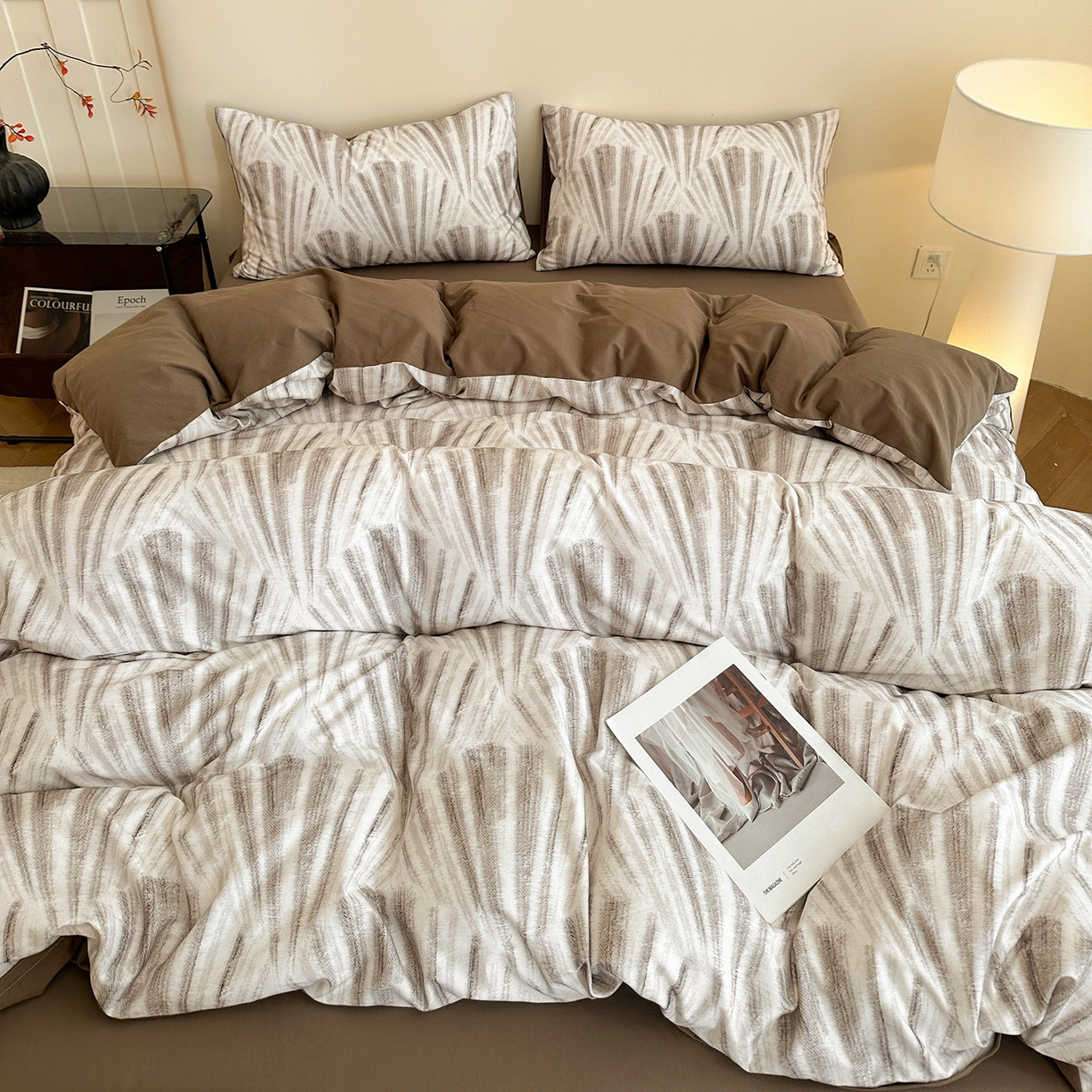 91家纺网 家纺一手货源 找家纺 捌月 2025新款A类数码印花北欧风全棉加厚磨毛四件套直播新品 莫奈