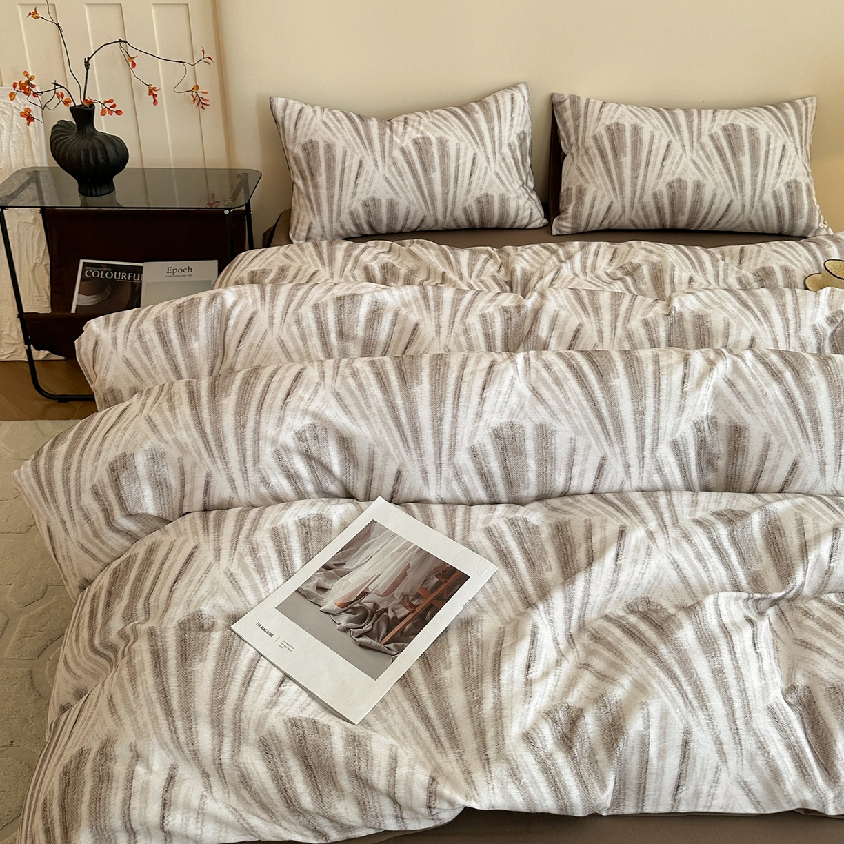 91家纺网 家纺一手货源 找家纺 捌月 2025新款A类数码印花北欧风全棉加厚磨毛四件套直播新品 莫奈