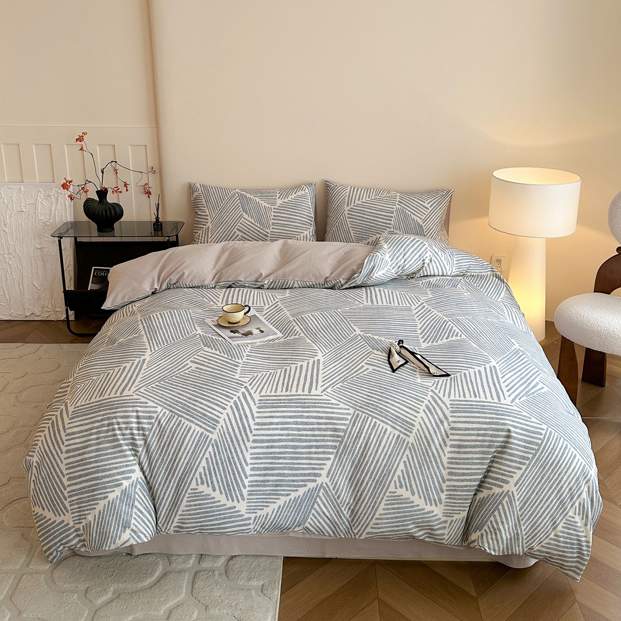 91家纺网 家纺一手货源 找家纺 捌月 2025新款A类数码印花北欧风全棉加厚磨毛四件套直播新品 纳纹