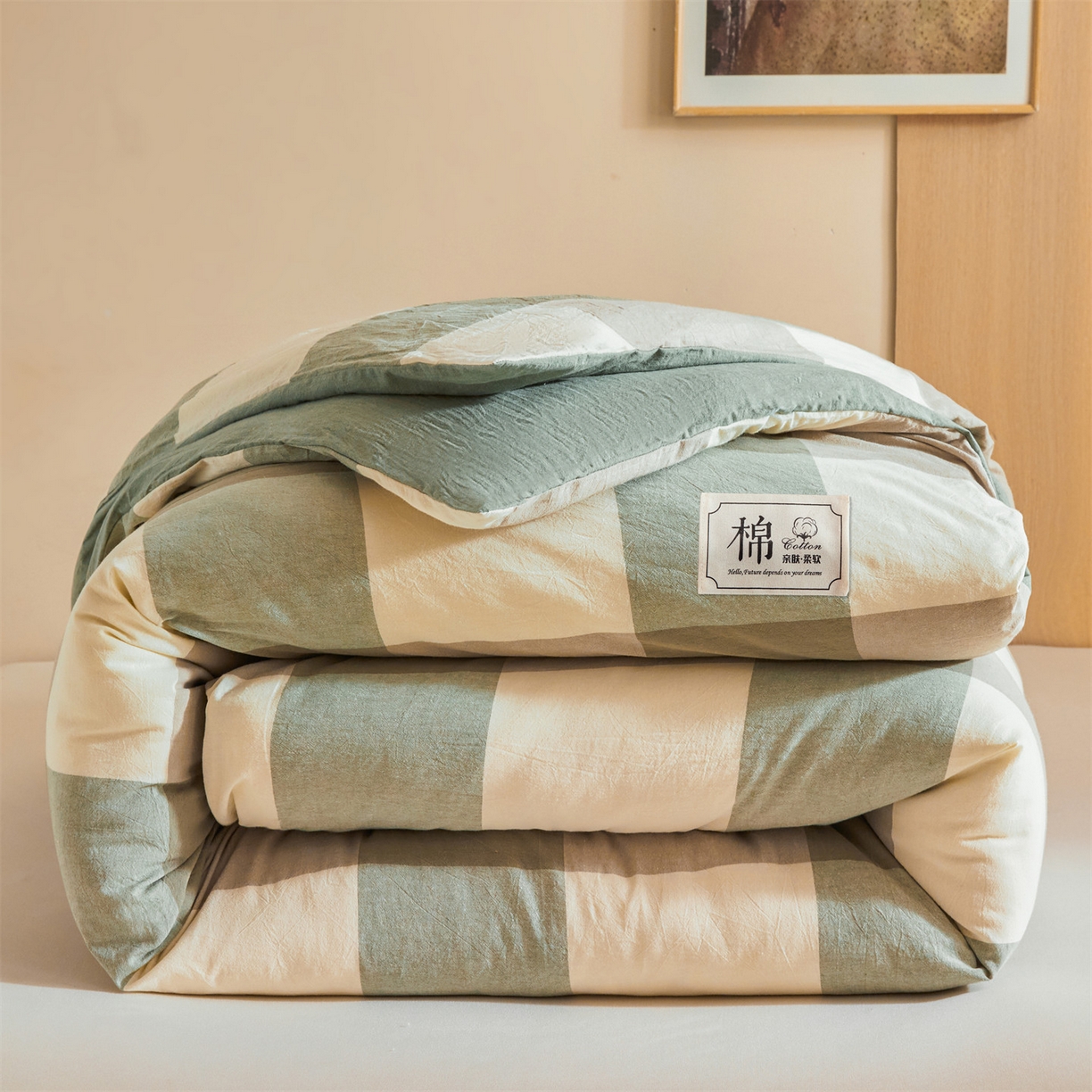 91家纺网 家纺一手货源 找家纺 梵蒂莎 2025新款可拆卸棉花被（场景1） 浅绿格影