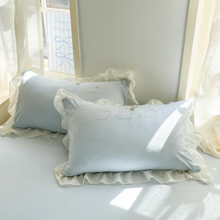 91家纺网 家纺一手货源 找家纺 AB家纺2025新款 水洗棉绣花四件套 依兰梦  天空蓝