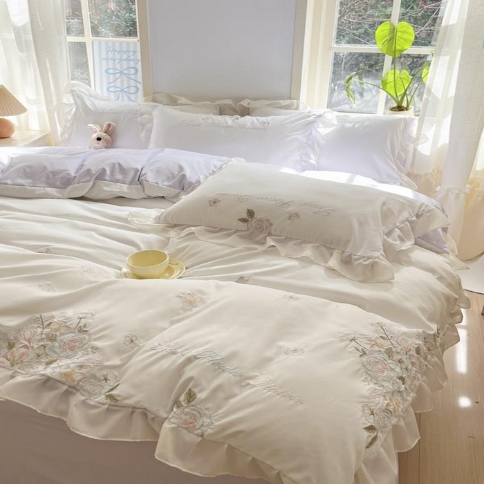 AB家纺2025新款 水洗棉绣花四件套 依兰梦 浅紫白