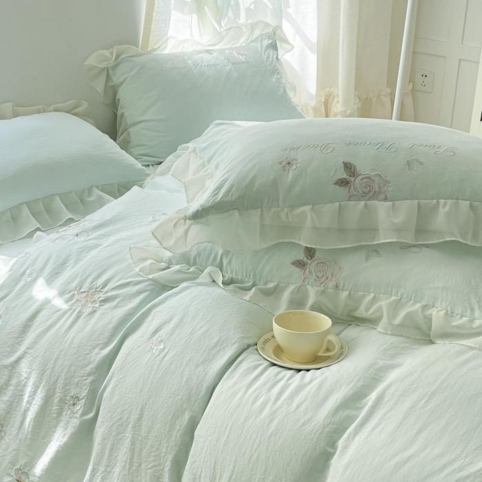 91家纺网 家纺一手货源 找家纺 AB家纺2025新款 水洗棉绣花四件套 依兰梦 水绿