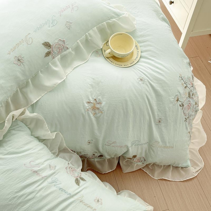 91家纺网 家纺一手货源 找家纺 AB家纺2025新款 水洗棉绣花四件套 依兰梦 水绿