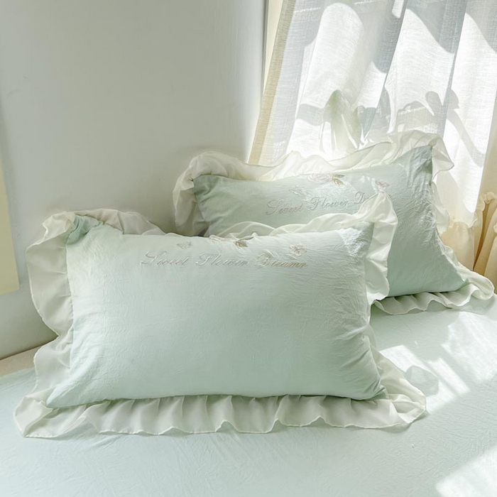 91家纺网 家纺一手货源 找家纺 AB家纺2025新款 水洗棉绣花四件套 依兰梦 水绿