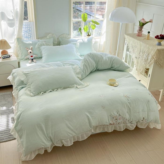 91家纺网 家纺一手货源 找家纺 AB家纺2025新款 水洗棉绣花四件套 依兰梦 水绿