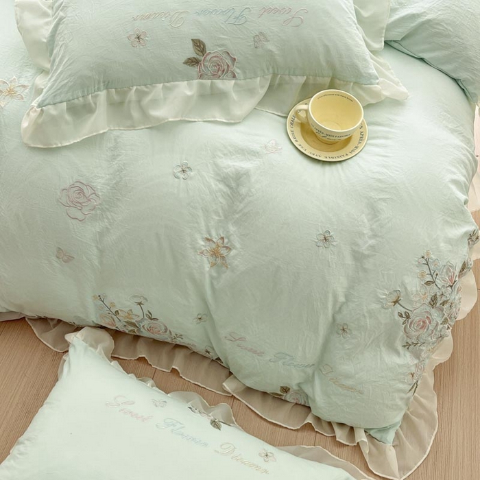 91家纺网 家纺一手货源 找家纺 AB家纺2025新款 水洗棉绣花四件套 依兰梦 水绿