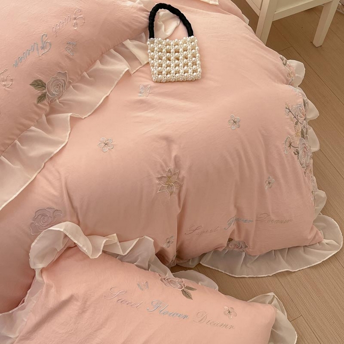 91家纺网 家纺一手货源 找家纺 AB家纺2025新款 水洗棉绣花四件套 依兰梦 微微粉