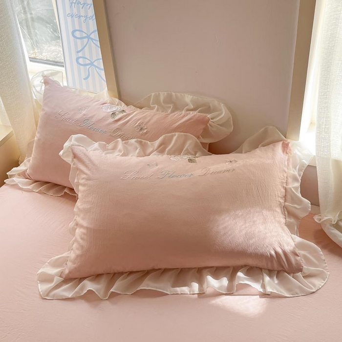 91家纺网 家纺一手货源 找家纺 AB家纺2025新款 水洗棉绣花四件套 依兰梦 微微粉