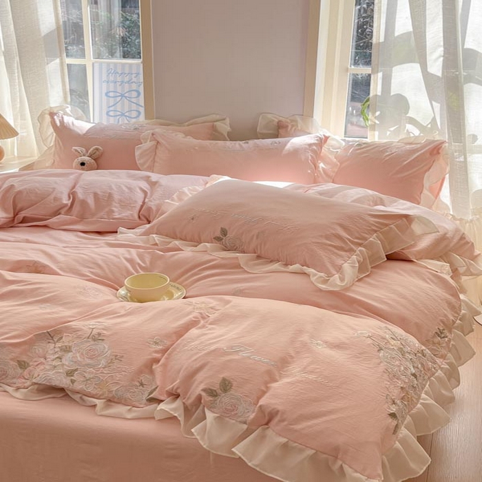 AB家纺2025新款 水洗棉绣花四件套 依兰梦 微微粉