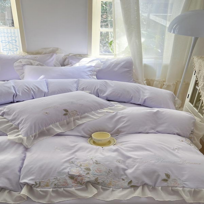 91家纺网 家纺一手货源 找家纺 AB家纺2025新款 水洗棉绣花四件套 依兰梦 香芋紫