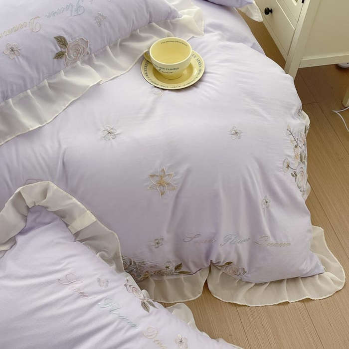 91家纺网 家纺一手货源 找家纺 AB家纺2025新款 水洗棉绣花四件套 依兰梦 香芋紫