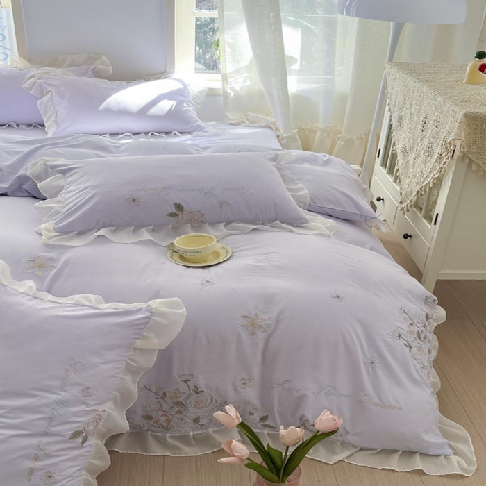 91家纺网 家纺一手货源 找家纺 AB家纺2025新款 水洗棉绣花四件套 依兰梦 香芋紫