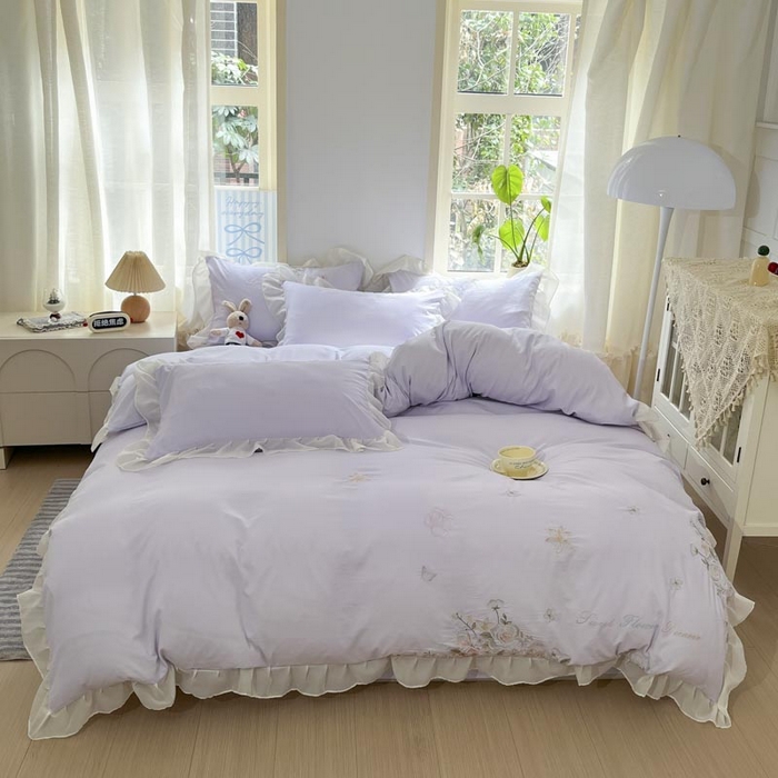 91家纺网 家纺一手货源 找家纺 AB家纺2025新款 水洗棉绣花四件套 依兰梦 香芋紫