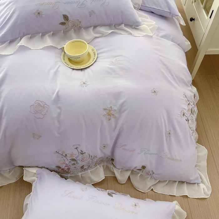 91家纺网 家纺一手货源 找家纺 AB家纺2025新款 水洗棉绣花四件套 依兰梦 香芋紫