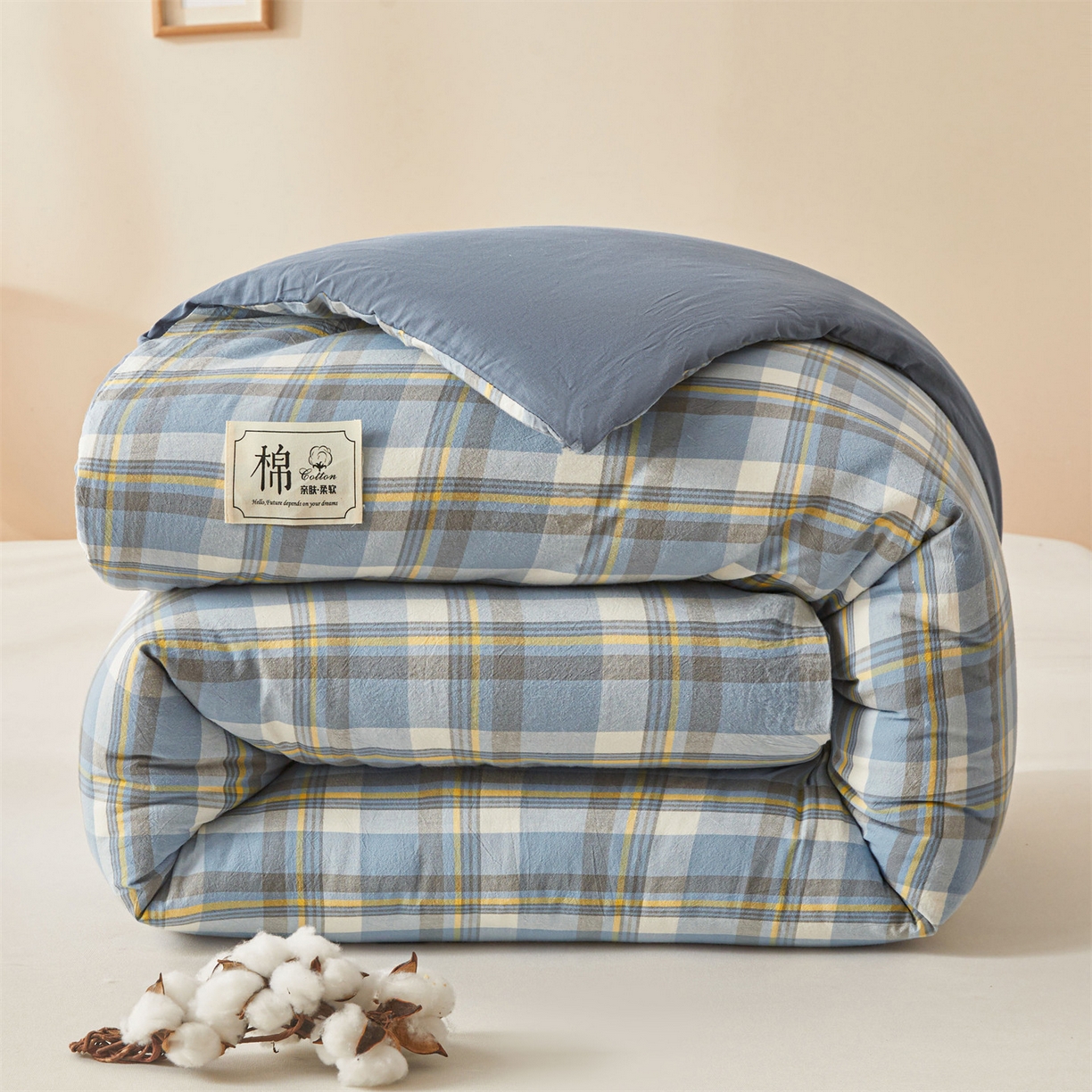 91家纺网 家纺一手货源 找家纺 梵蒂莎 2025新款可拆卸棉花被（场景2） 蓝黄织梦