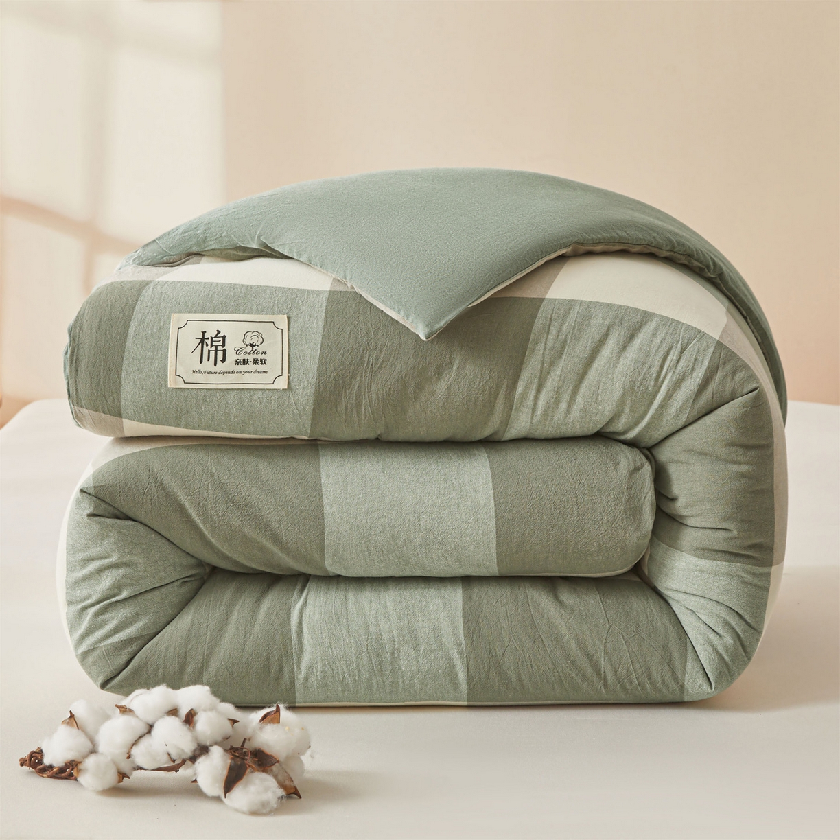 91家纺网 家纺一手货源 找家纺 梵蒂莎 2025新款可拆卸棉花被（场景2） 绿大格