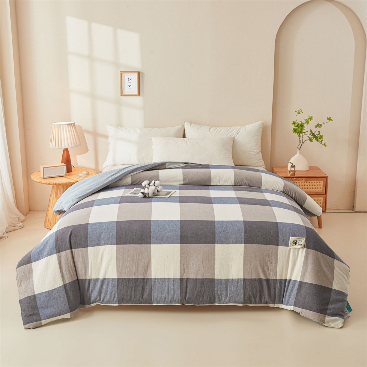 91家纺网 家纺一手货源 找家纺 梵蒂莎 2025新款可拆卸棉花被（场景2） 蓝大格