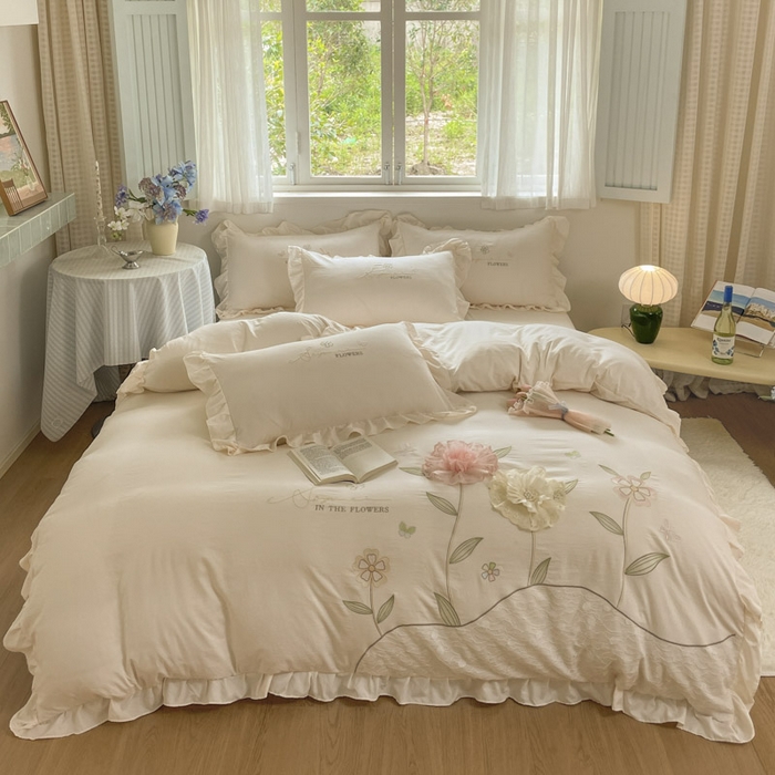 91家纺网 家纺一手货源 找家纺 AB家纺2025新款 水洗棉绣花四件套 丽芙塔 -淡奶油