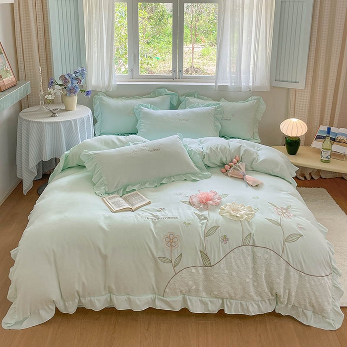 91家纺网 家纺一手货源 找家纺 AB家纺2025新款 水洗棉绣花四件套 丽芙塔 -水绿