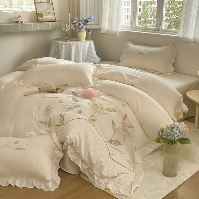 91家纺网 家纺一手货源 找家纺 AB家纺2025新款 水洗棉绣花四件套 丽芙塔 -淡奶油