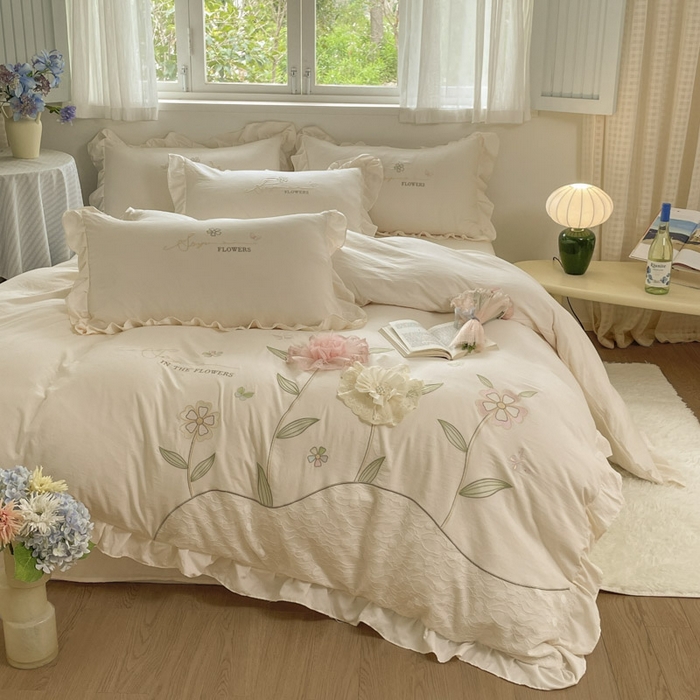 91家纺网 家纺一手货源 找家纺 AB家纺2025新款 水洗棉绣花四件套 丽芙塔 -淡奶油