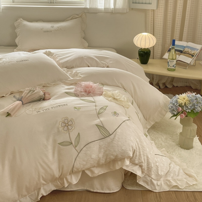 91家纺网 家纺一手货源 找家纺 AB家纺2025新款 水洗棉绣花四件套 丽芙塔 -淡奶油