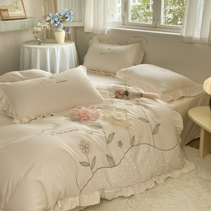 91家纺网 家纺一手货源 找家纺 AB家纺2025新款 水洗棉绣花四件套 丽芙塔 -淡奶油