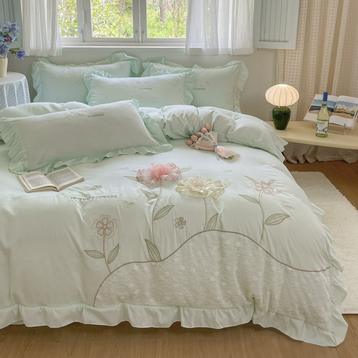 91家纺网 家纺一手货源 找家纺 AB家纺2025新款 水洗棉绣花四件套 丽芙塔 -水绿