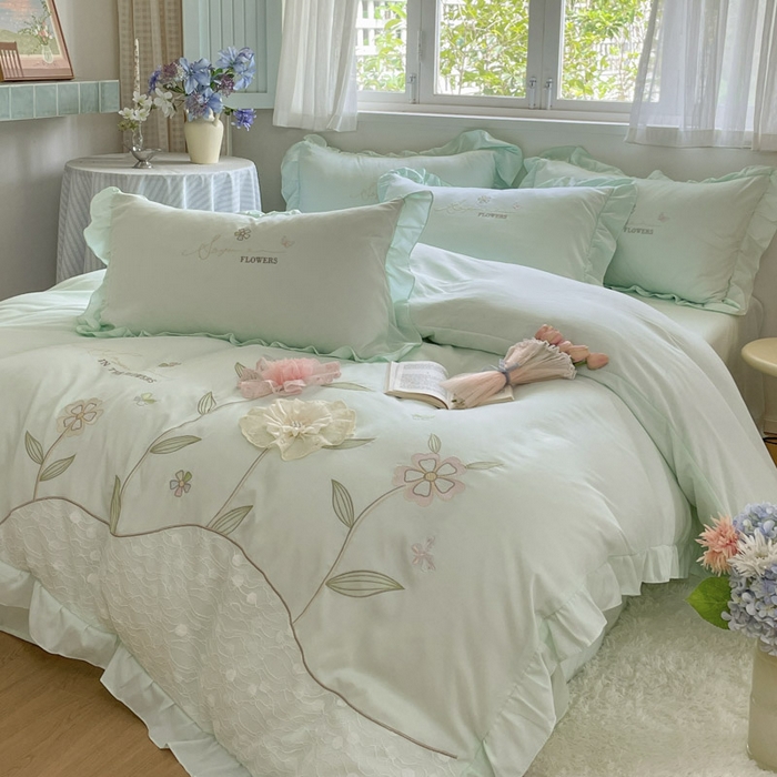 91家纺网 家纺一手货源 找家纺 AB家纺2025新款 水洗棉绣花四件套 丽芙塔 -水绿