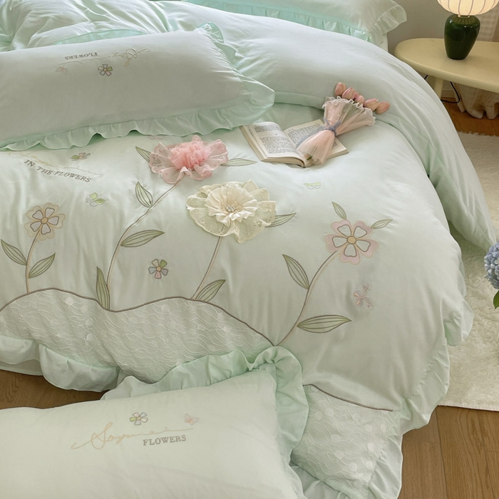 91家纺网 家纺一手货源 找家纺 AB家纺2025新款 水洗棉绣花四件套 丽芙塔 -水绿