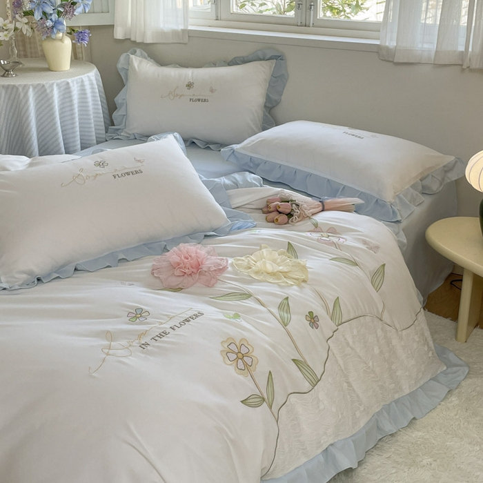 91家纺网 家纺一手货源 找家纺 AB家纺2025新款 水洗棉绣花四件套 丽芙塔-蓝日