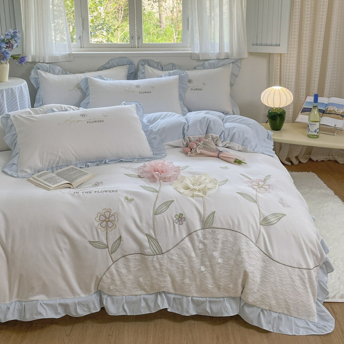 91家纺网 家纺一手货源 找家纺 AB家纺2025新款 水洗棉绣花四件套 丽芙塔-蓝日