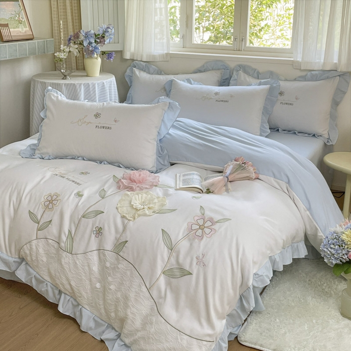 91家纺网 家纺一手货源 找家纺 AB家纺2025新款 水洗棉绣花四件套 丽芙塔-蓝日