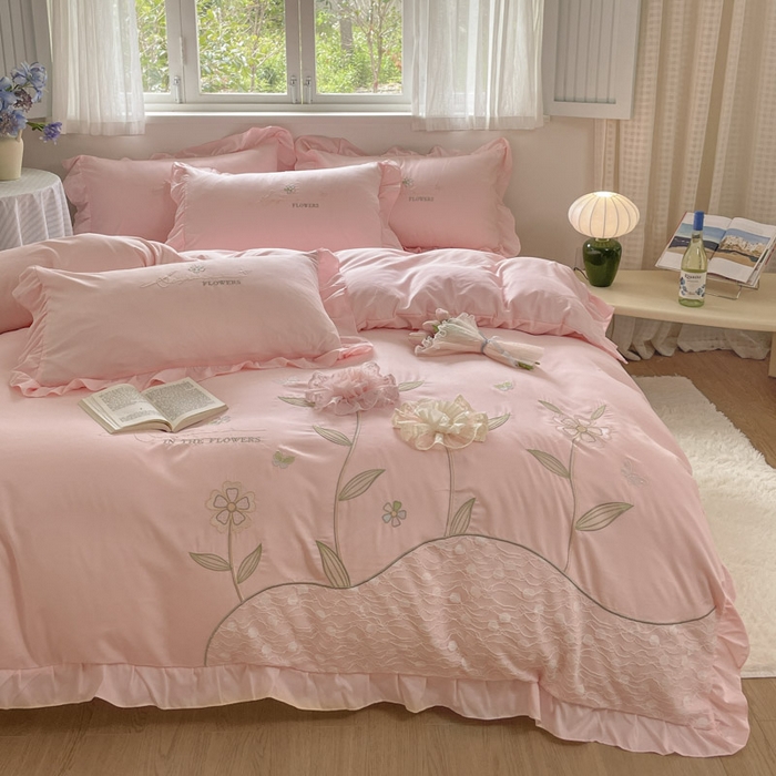 91家纺网 家纺一手货源 找家纺 AB家纺2025新款 水洗棉绣花四件套 丽芙塔-梦幻粉