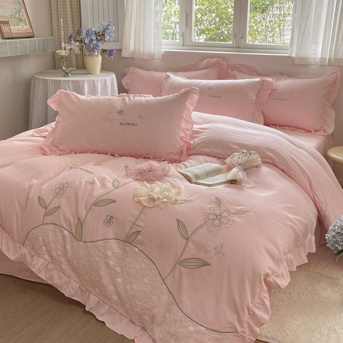 91家纺网 家纺一手货源 找家纺 AB家纺2025新款 水洗棉绣花四件套 丽芙塔-梦幻粉