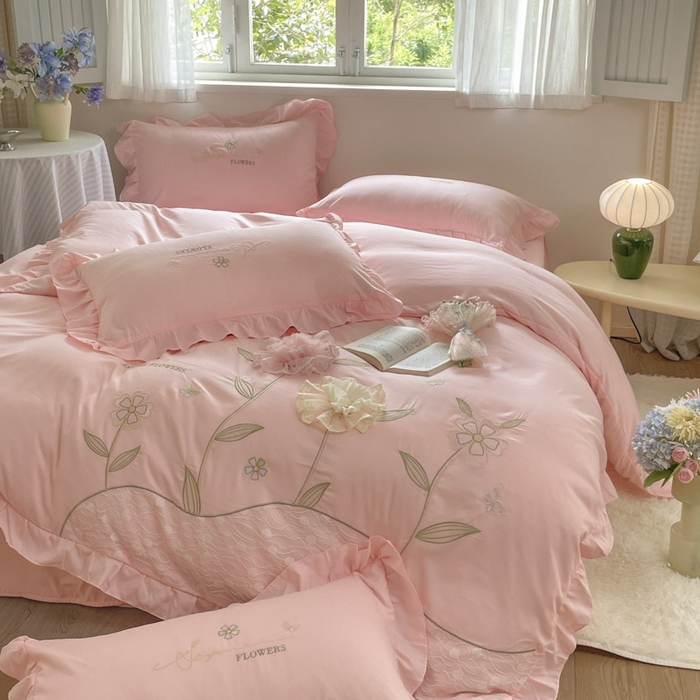 91家纺网 家纺一手货源 找家纺 AB家纺2025新款 水洗棉绣花四件套 丽芙塔-梦幻粉