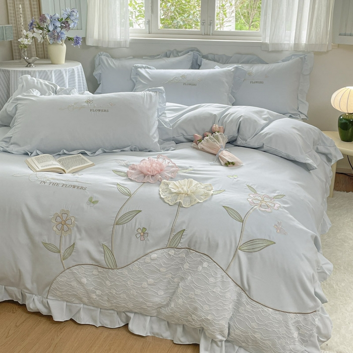 91家纺网 家纺一手货源 找家纺 AB家纺2025新款 水洗棉绣花四件套 丽芙塔-天空蓝