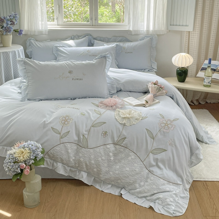 91家纺网 家纺一手货源 找家纺 AB家纺2025新款 水洗棉绣花四件套 丽芙塔-天空蓝