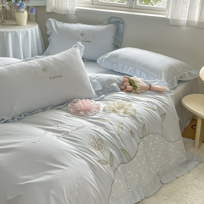 91家纺网 家纺一手货源 找家纺 AB家纺2025新款 水洗棉绣花四件套 丽芙塔-天空蓝