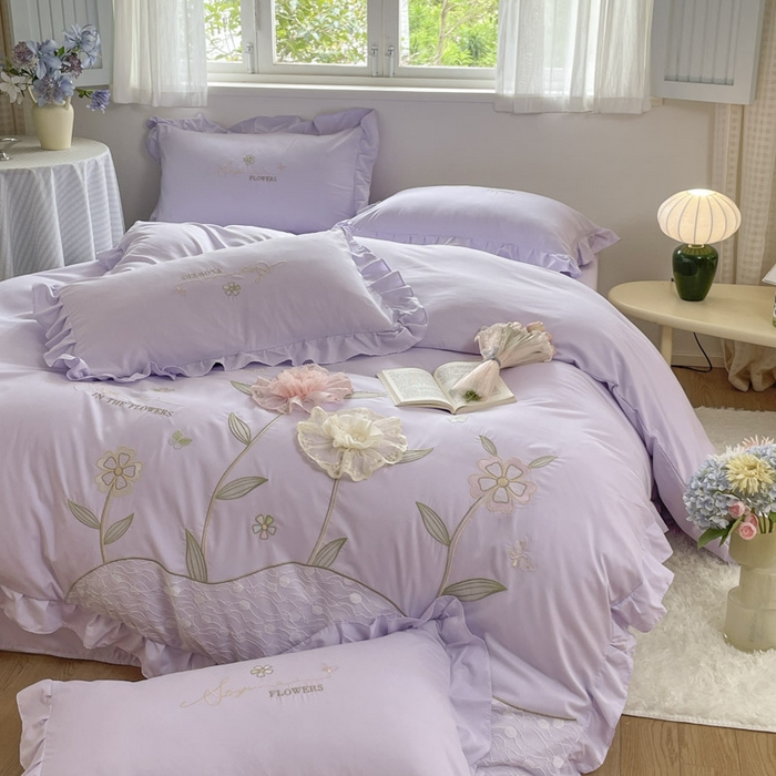 91家纺网 家纺一手货源 找家纺 AB家纺2025新款 水洗棉绣花四件套 丽芙塔-香芋紫