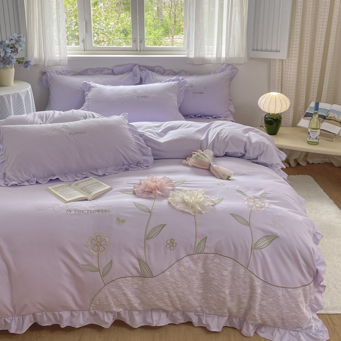 91家纺网 家纺一手货源 找家纺 AB家纺2025新款 水洗棉绣花四件套 丽芙塔-香芋紫