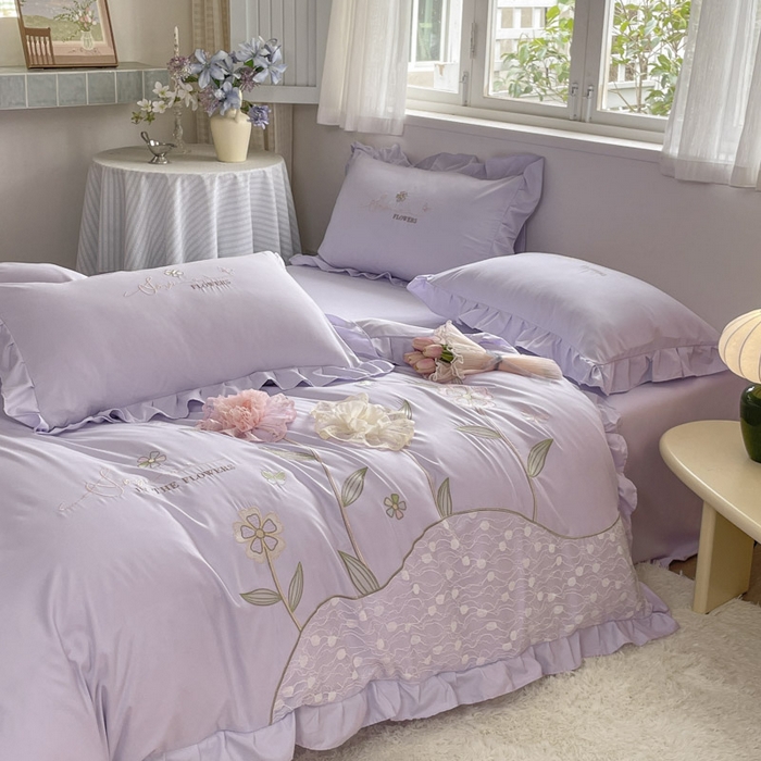 91家纺网 家纺一手货源 找家纺 AB家纺2025新款 水洗棉绣花四件套 丽芙塔-香芋紫